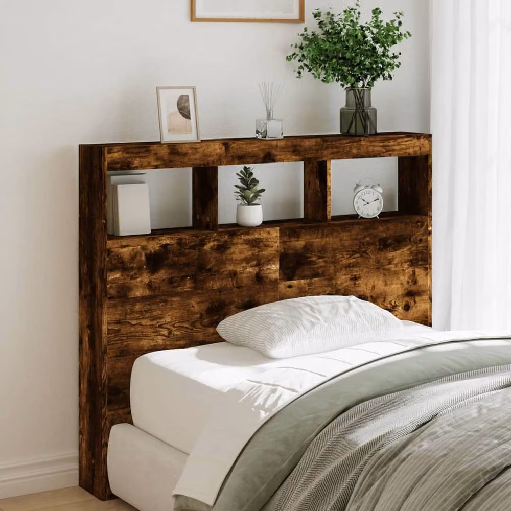 Berkfield Home Headboard Cabinet with LED in Smoked Oak, Brown, W/D/H: 120 x 17 x 102 cm – 2