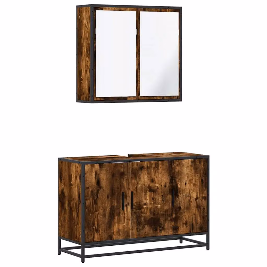 Berkfield Home 2 Piece Industrial Bathroom Furniture Set in Smoked Oak Brown featuring a Wall Mounted Vanity Unit and Mirror Cabinet – 2