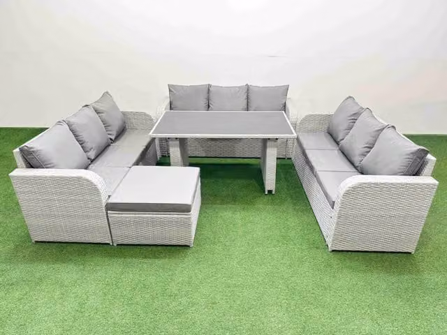 Fimous Modern Rattan Garden Furniture Set with Big Stool in Light Grey