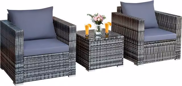 Costway 3-Piece Grey Wicker Bistro Set with Glass Top and Powder Coated Steel Frame