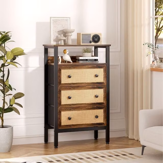 Komore Rustic Rattan and Wood Storage Cabinet with Shelf, Brown/Black/Multicolour, Height: 104.4 cm