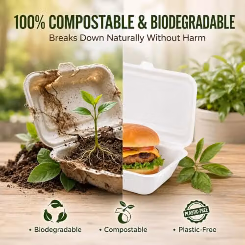 ECONX White Bagasse Clamshell Takeaway Food Containers, 50 Pieces – 7