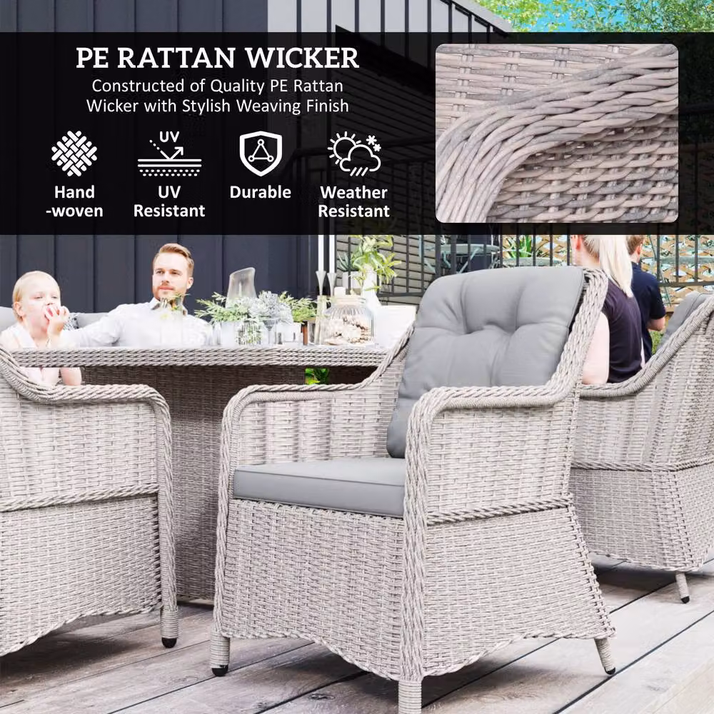 Outsunny 7 Piece Grey PE Rattan Wicker Dining Table Set with Tempered Glass and Powder Coated Aluminium Frame – 5