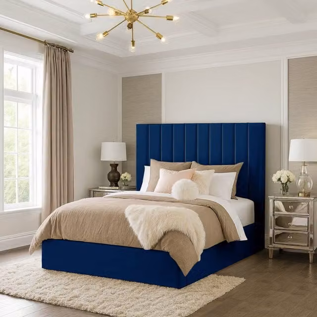 Desire Deco Valentina Modern Upholstered Velvet Bed Frame, Blue, W/D/H: 180 x 200 cm