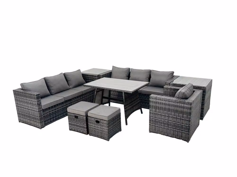 Fimous 9-Seat Rattan Dining Set with 2 Side Tables and Small Footstool in Dark Grey – 2