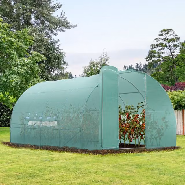 Outsunny Reinforced Walk In Polytunnel Greenhouse in Green with Steel Frame and Window