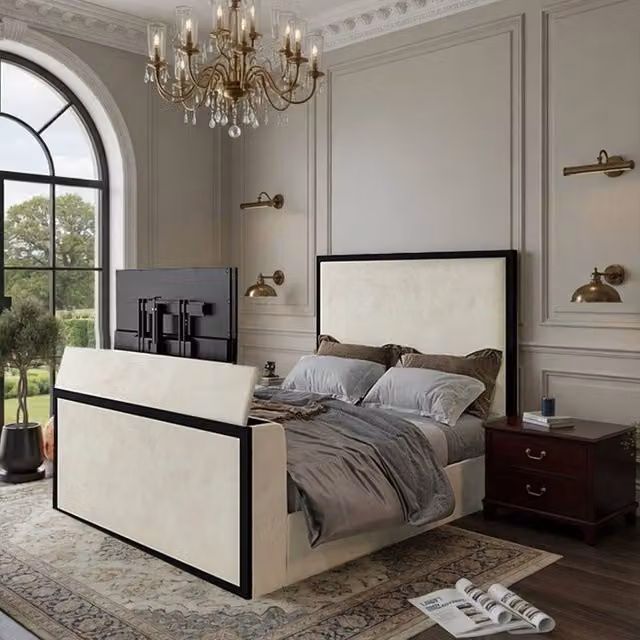 KDMD Adisham Upholstered Electric Media TV Bed Frame in Black and Cream White, Super King Size, 200 x 200 cm