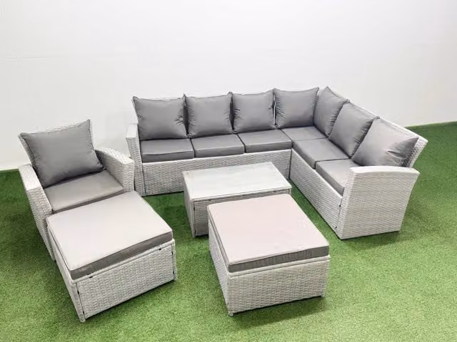 Fimous 9 Seater Light Grey Rattan Garden Furniture Set with Upholstered Cushions and Powder Coated Steel Frame