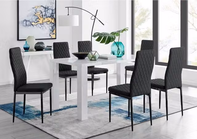 FurnitureboxUK Pivero White Rectangular Dining Table and 6 Milan Black Leg Chairs Set