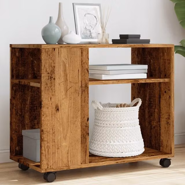 Berkfield Home Industrial Side Table with Castors in Brown, W/D/H: 70 x 35 x 60 cm