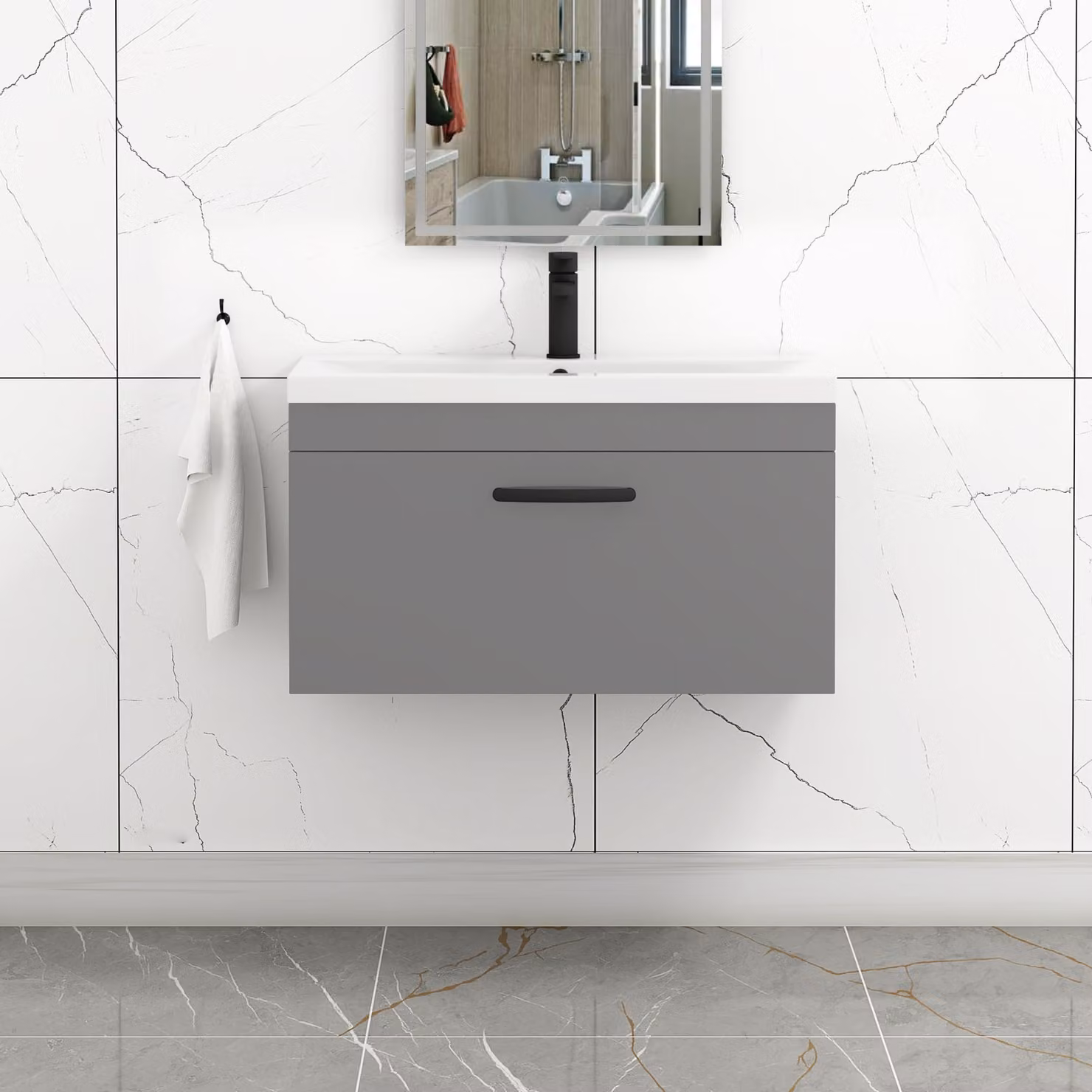 Royal Bathrooms Turin 800mm Wall Hung Vanity Sink Unit in Indigo Grey Gloss with Mid-Edge Basin and Matt Black Handle
