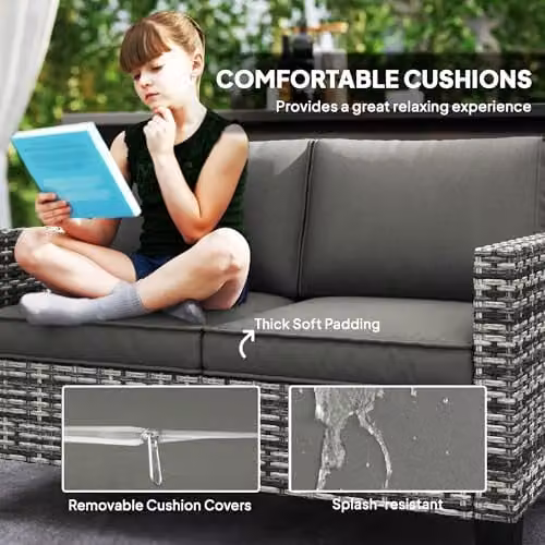 Outsunny 2 Seater Rattan Garden Sofa with Upholstered Cushions and Powder Coated Steel Frame, Grey – 6