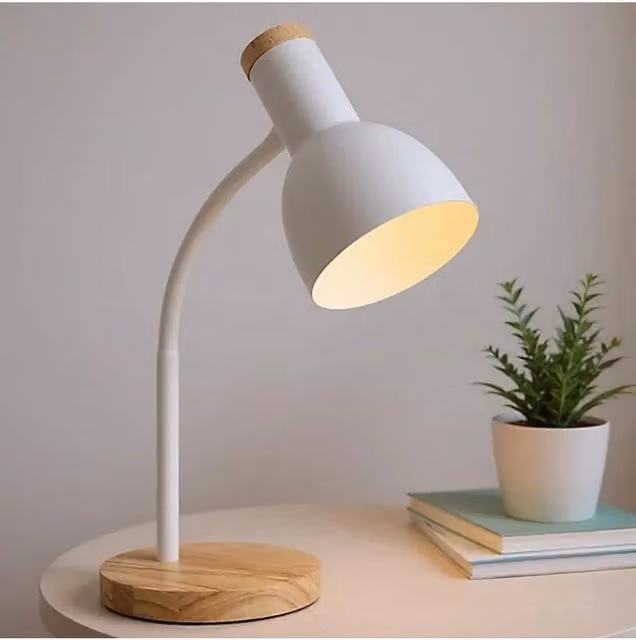 Living and Home Modern White and Wood Table Lamp with Adjustable Metal Arm for Bedroom or Home Office