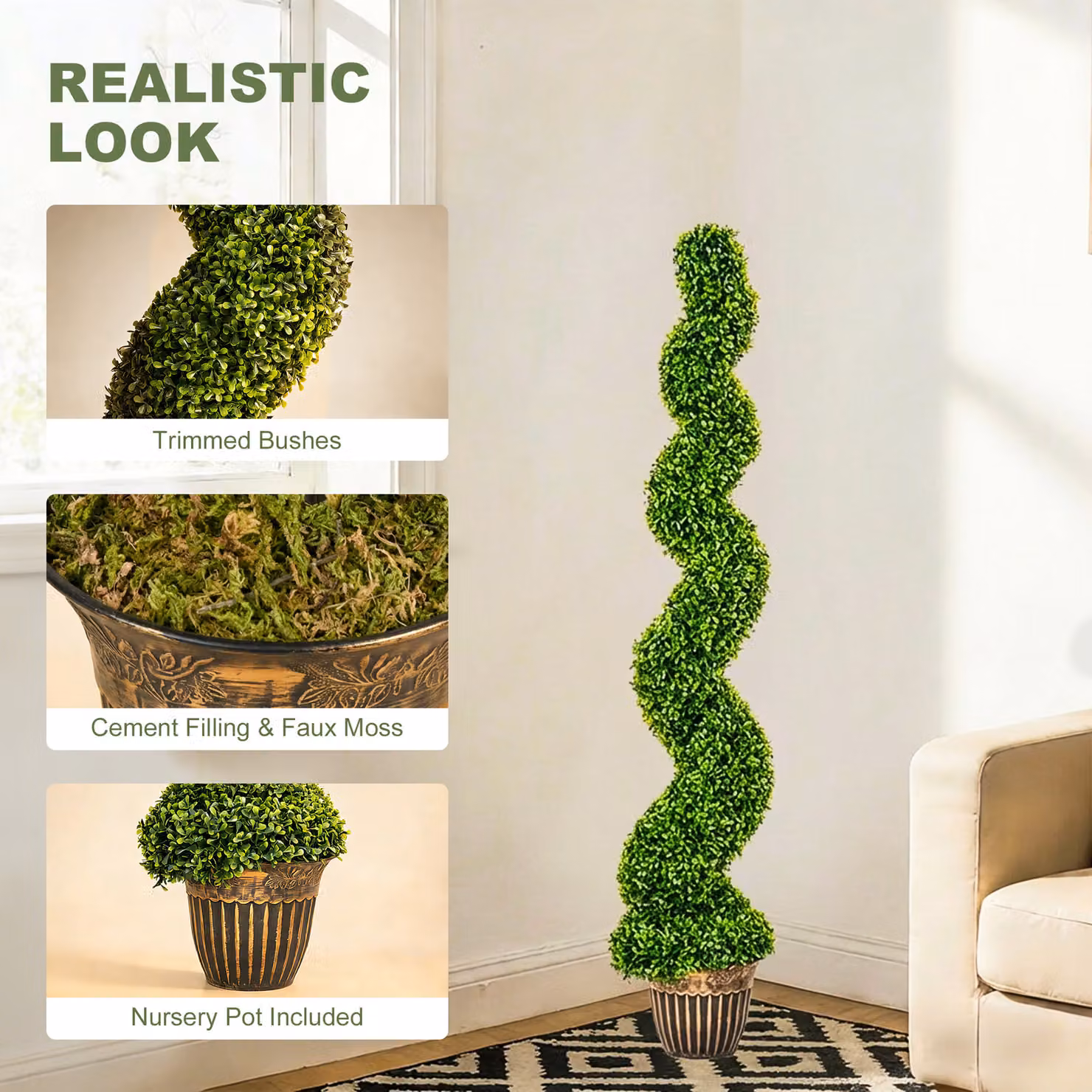 HOMCOM Set of 2 Green Artificial Topiary Spiral Boxwood Trees with Pots, Height: 150 cm – 4