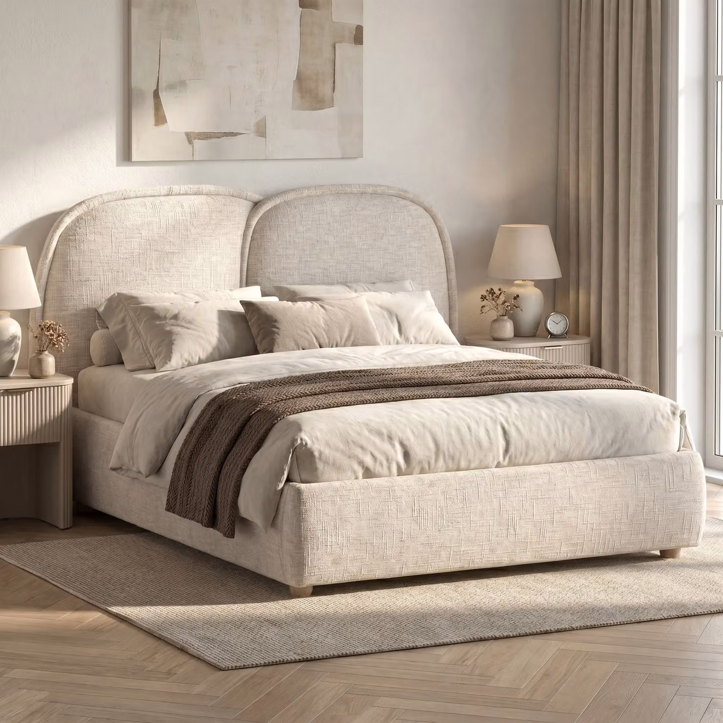 Embracea Upholstered Bed Frame with Tall Headboard, King Size (5ft), Beige