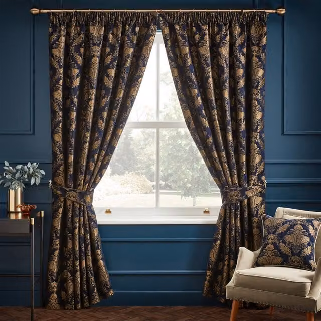 Make it a Home Shiraz Navy and Gold Damask Chenille Pencil Pleat Curtains, Height: 229 cm