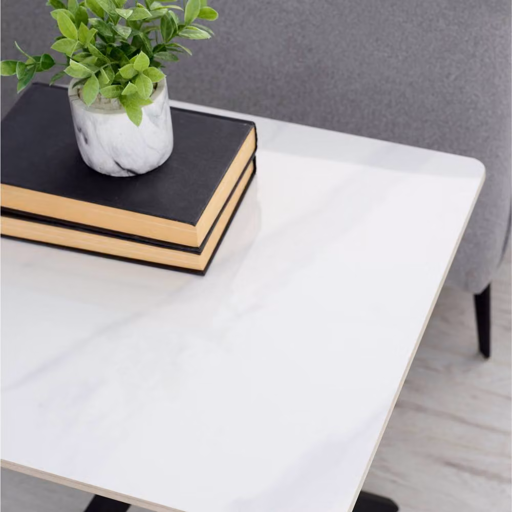 Cheshire Macallan Modern Square Marble Lamp Table in White and Black with X-Frame – 4