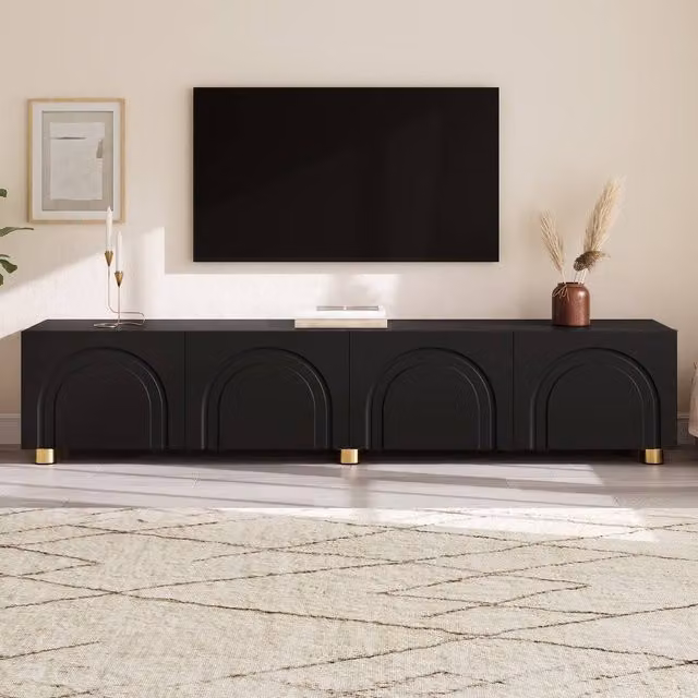 Merax Black Arched Relief 4 Door TV Unit Lowboard with Metal Legs W: 180 cm, D: 35 cm, H: 40 cm – 1