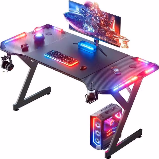 FLAVORA Black Gaming Desk with LED RGB, W: 140 cm, D: 60 cm