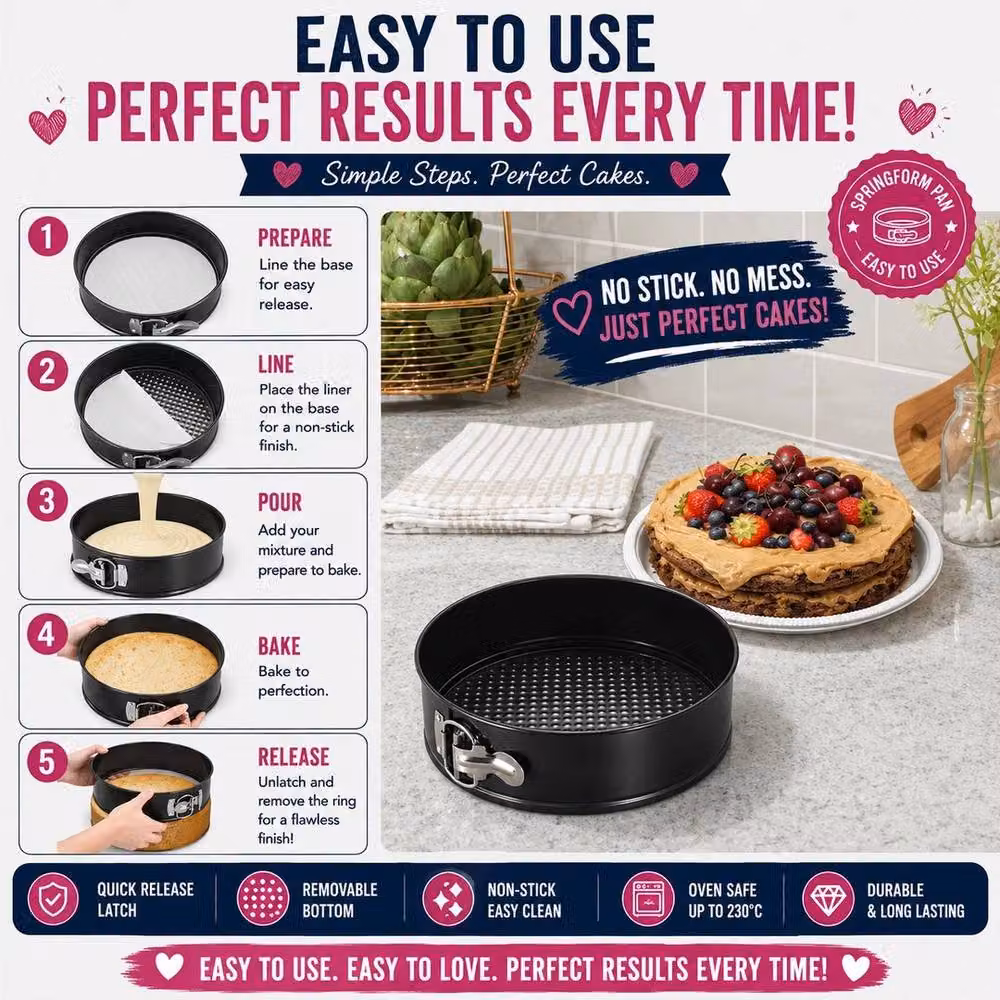 FLAVORA Set of 3 Round Non-Stick Springform Cake Tins in Black, Diameter: 15 cm – 3