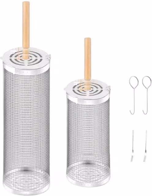 SPETLEK 2 x Stainless Steel Rolling Grilling Baskets for Outdoor Charcoal Grills in Silver, W: 100 cm, D: 15 cm, H: 31 cm