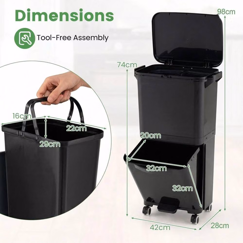 VOGREX 36L Mobile Trash Can with 2 Bins and Tilt Compartment in Black – 2