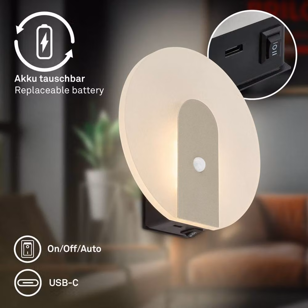 Briloner Cordless Rechargeable LED Wall Light with Motion and Dusk Sensor in Metallic Silver Nickel Matt – 7