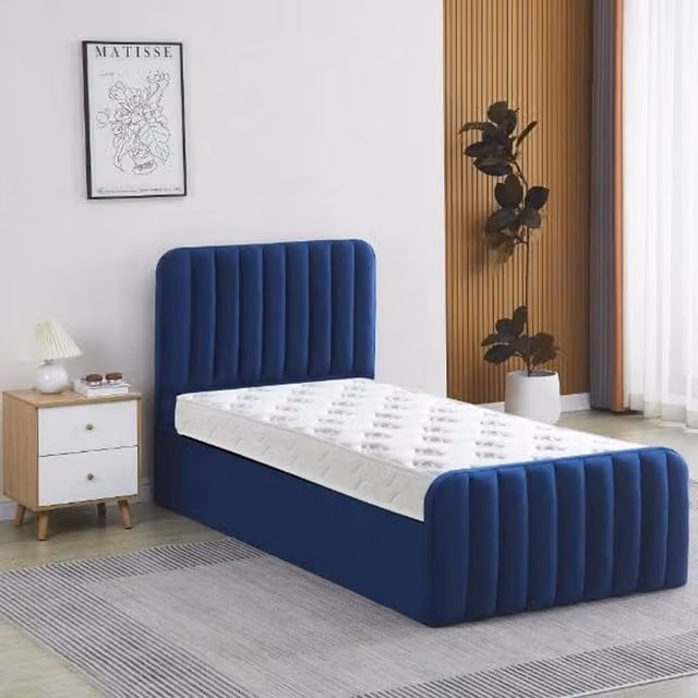 Kosy Koala Blue Velvet Upholstered Ottoman Gas Lift Up Storage Bed with Mattress, W/D/H: 90 x 190 cm