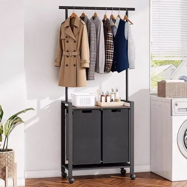 London Boutique Mobile Laundry Sorter Hamper Rack with Hanging Rod and Baskets in Black and Multicolour