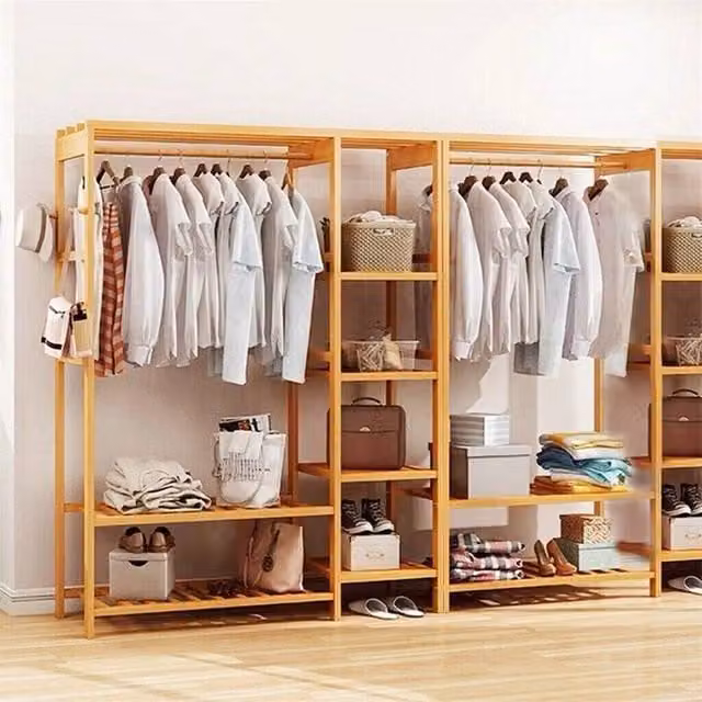 EONLION Large Lacquered Brown Bamboo Clothes Rail Rack