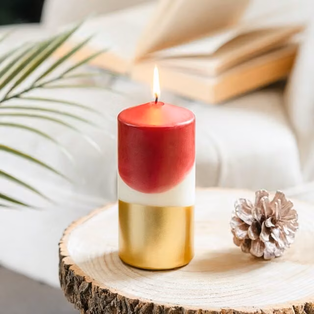 Marco Paul Christmas Dipped Dyed Pillar Candle in Red, White and Gold, Height: 13 cm