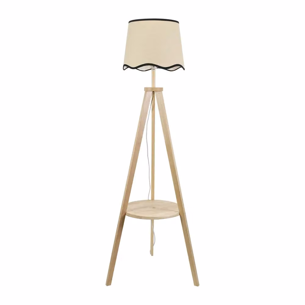 ValueLights Morrigan Natural Wood Tripod Floor Lamp with Black Trim Scallop Shade and LED Bulb – 2