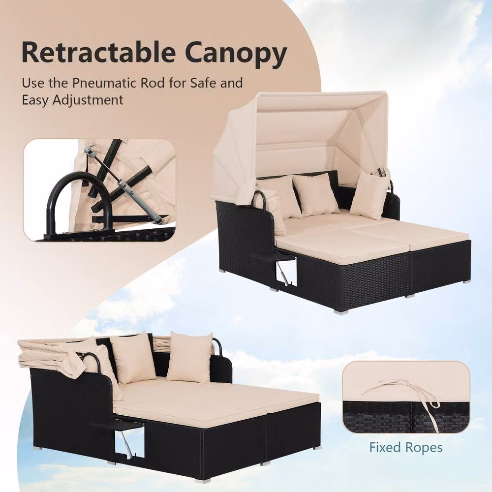 Costway Multicolour PE Rattan Wicker Patio Daybed with Retractable Canopy and Side Table – 4