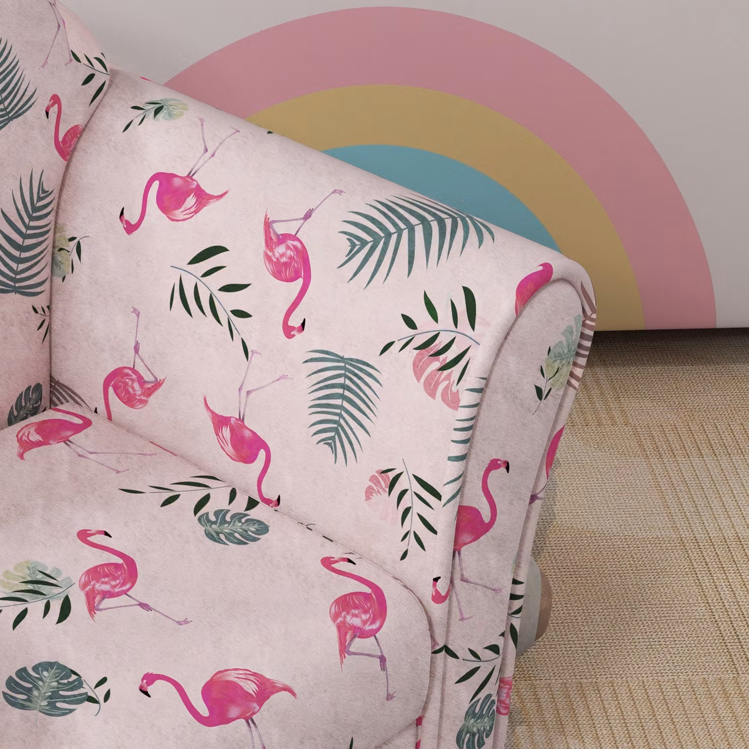 AIYAPLAY Kids Armchair with Flamingo Design, Pink Fabric and Solid Wood Frame – 2