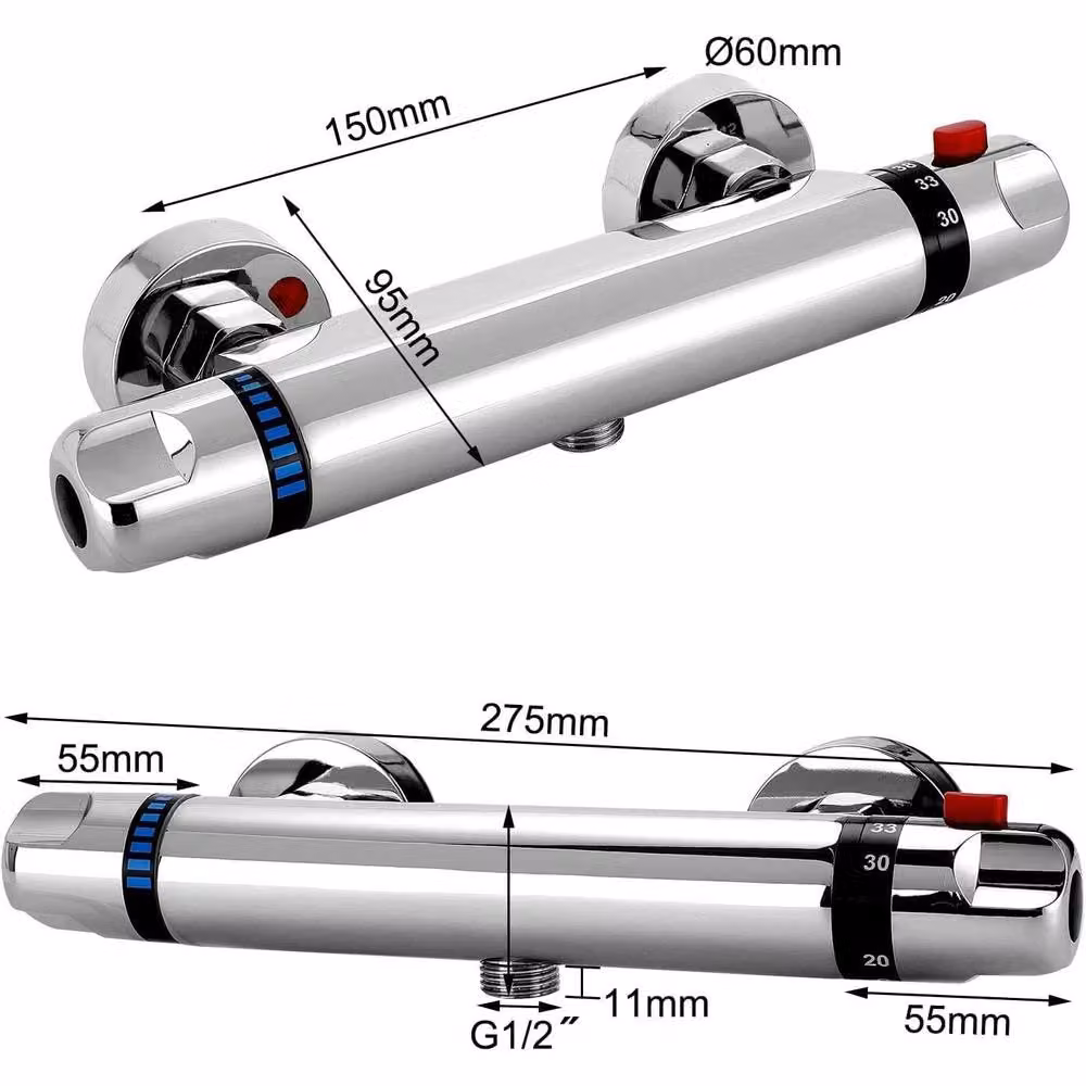 YnysTec Chrome Thermostatic Shower Mixer Bar Valve with 38°C Safety Stop and G1/2 Outlet in Silver – 2