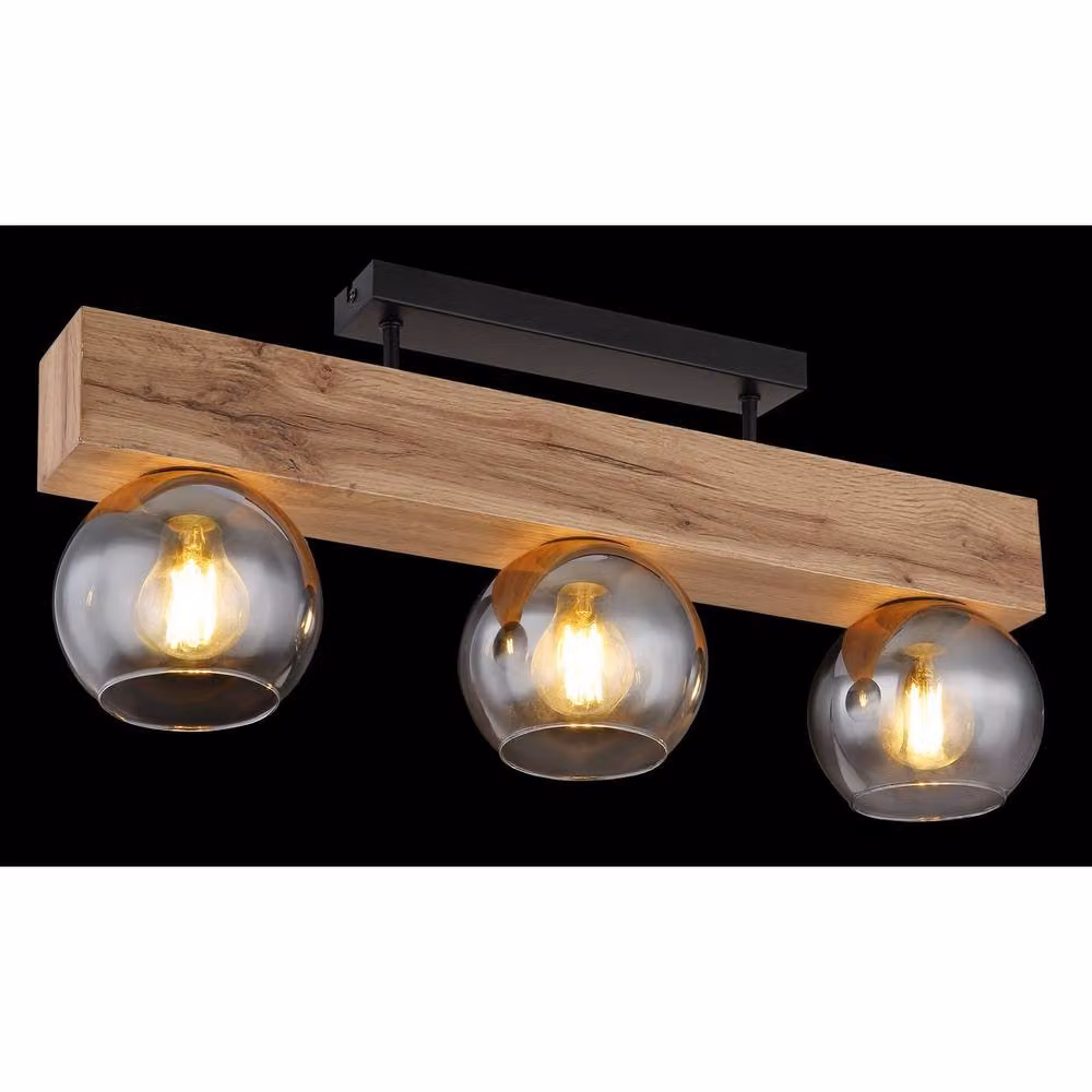 Globo Lighting Moitas Ceiling Spotlight Bar in Black and Wood with Grey Glass Shades, 3x E27, W/D/H: 120 x 28 x 65 cm – 2