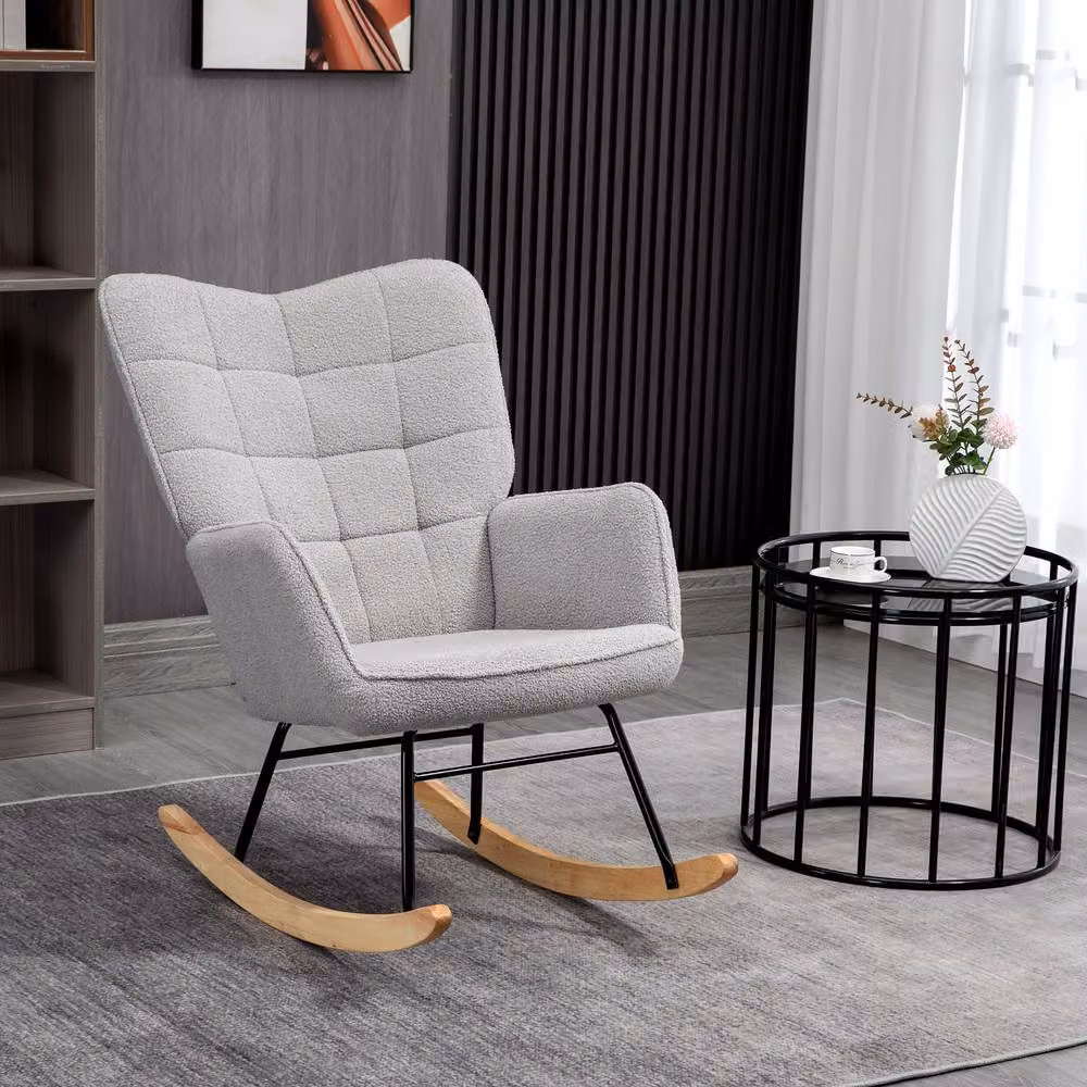 STILVORA Grey Bouclé Rocking Armchair with Solid Wood Base and Armrests, W/D/H: 71 x 101 x 120 cm – 2