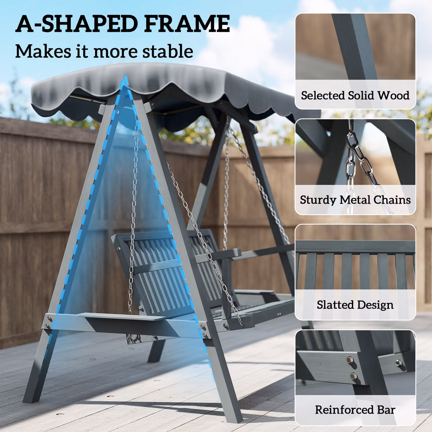 Outsunny 2 Seater Wooden Garden Swing Seat with UV-Resistant Canopy in Grey – 5