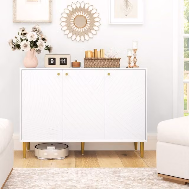 HOMCOM Modern White Sideboard with Carved Geometric Line Doors and Adjustable Shelves