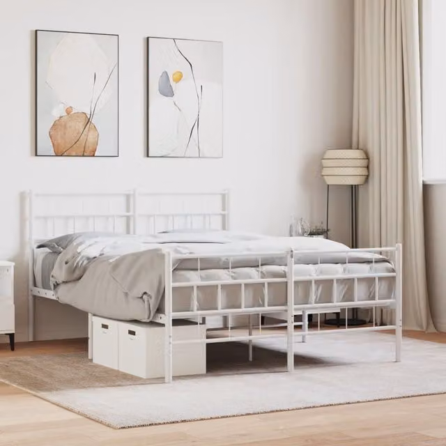 Berkfield Home Metal Bed Frame with Headboard and Footboard, White, W: 135 cm, L: 190 cm