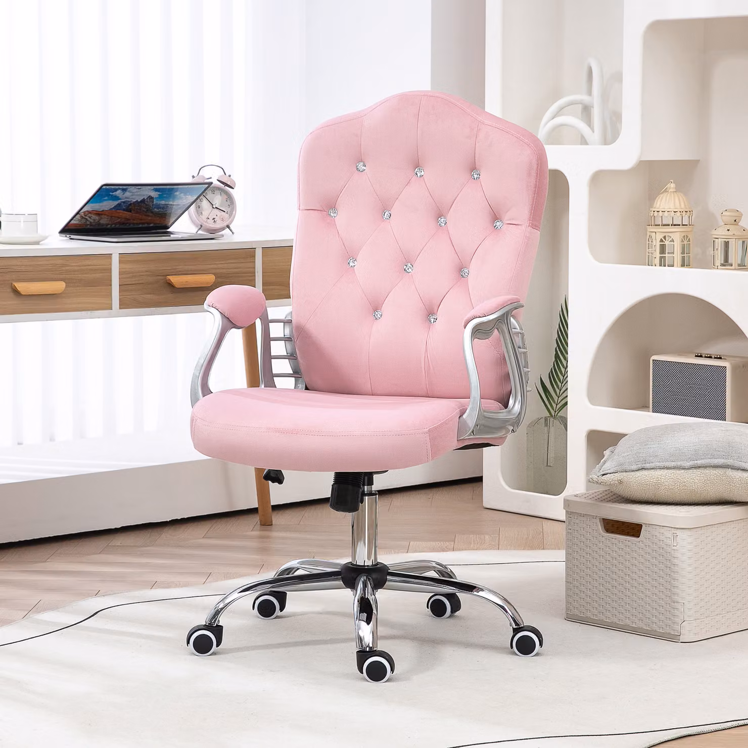 Vinsetto Pink Velvet Glamour Home Office Task Chair with 360 Degree Swivel and Adjustable Height – 2