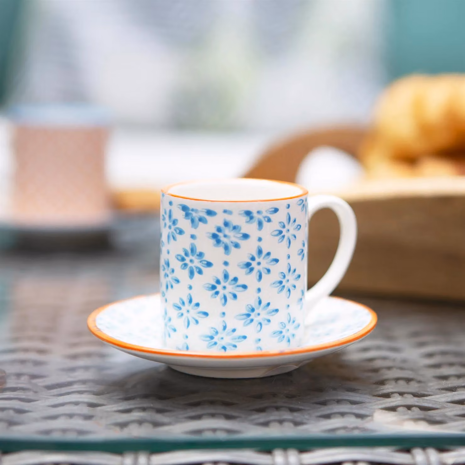 Nicola Spring 12 Piece Blue Hand Printed Porcelain Espresso Cup and Saucer Set, 65ml – 3