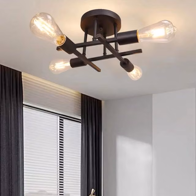 COMELY Industrial Vintage Semi Flush Mount Ceiling Light, 4 Light Black Metal Chandelier – 1