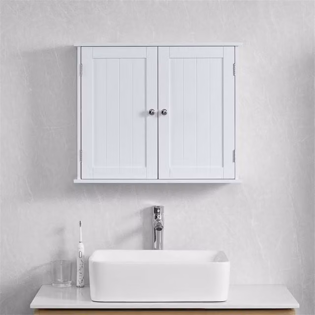 FORGEVIO Modern White Wall-Mounted Bathroom Cabinet with 2 Hinged Doors and Internal Shelves