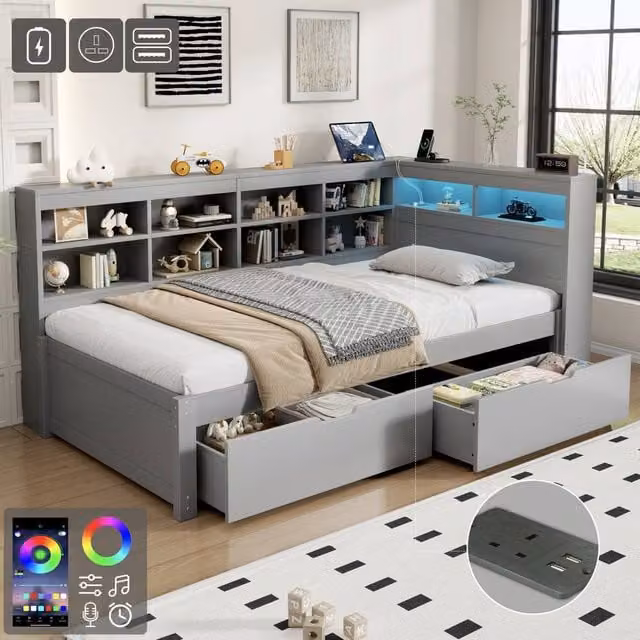 ModernLuxe Single Daybed in Grey with Storage Drawers, LED Lighting and USB Charging Port