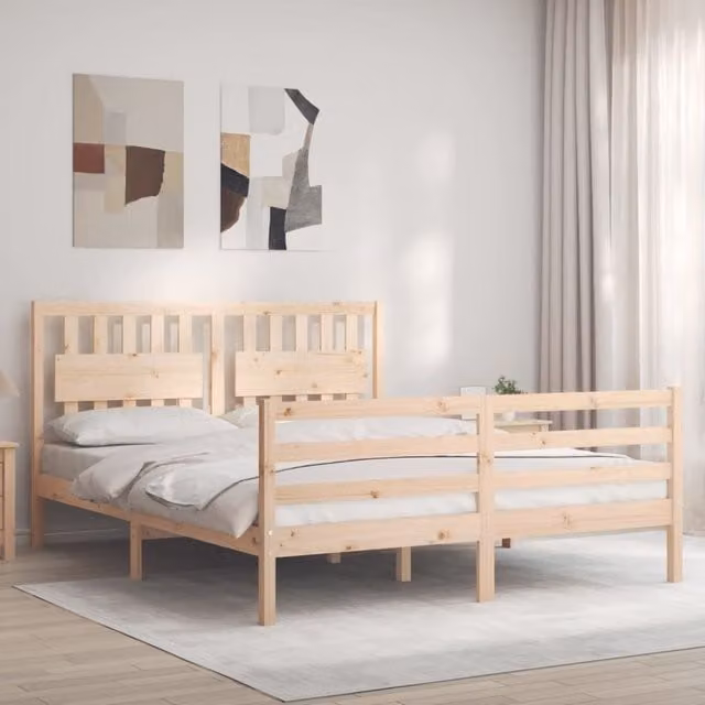 Berkfield Home Solid Wood Pine Bed Frame with Headboard in Brown, W/D/H: 160 x 200 cm – 1