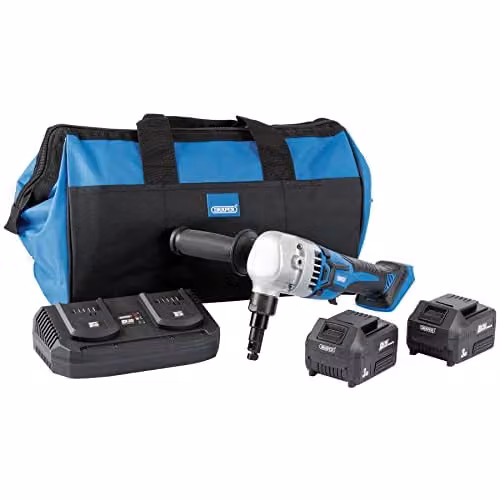 Draper 99736 D20 20V Brushless Nibbler Kit in Blue with 2 x 3Ah Rechargeable Batteries, Charger and Bag