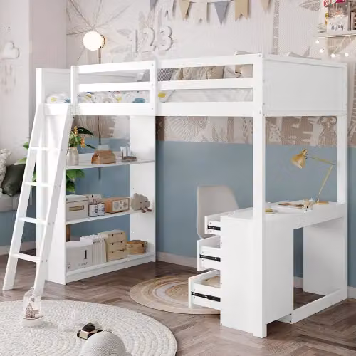 Matteo White Wooden Bunk Bed with 4-Step Ladder, Desk with 4 Drawers and Under-Bed Shelving, Size: 140 x 200 cm – 2