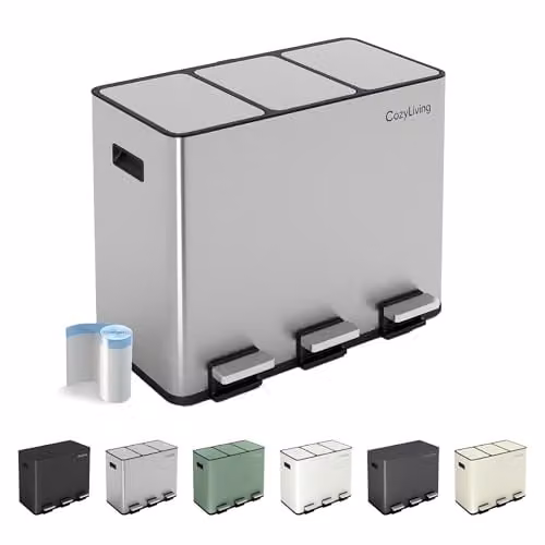 MCC Direct 45L Silver Stainless Steel Kitchen Recycling Pedal Bin with Soft-Close Lids and Removable Inner Buckets