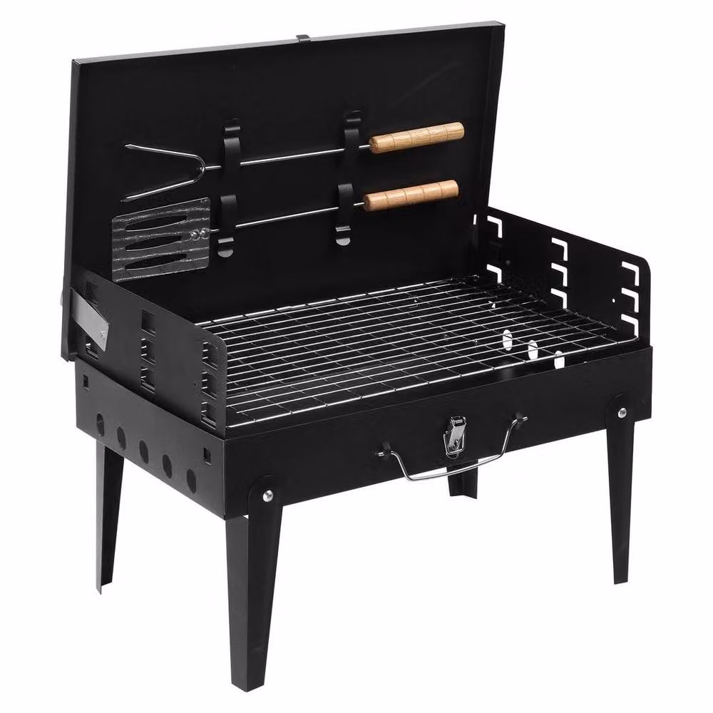 FLAVORA Foldable Portable Mini Charcoal BBQ Grill in Black with Cast Iron Tabletop – 3
